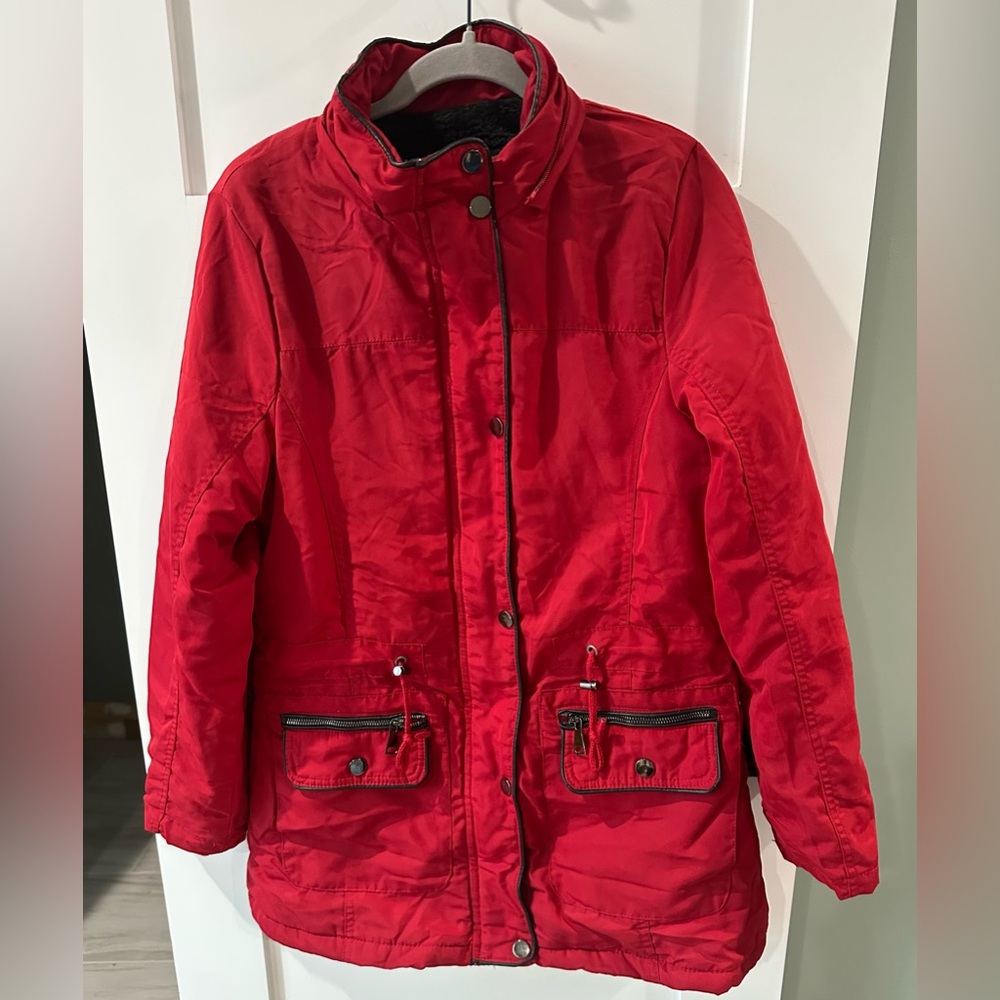 Greenlander Jacket  Quilted Sherpa Full Zip Snap Drawstring Red Coat Size Medium